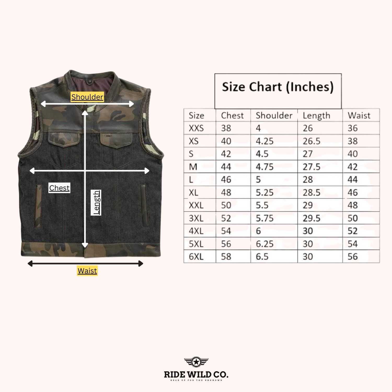 Woodsman Premium Leather Motorcycle Vest - size chart