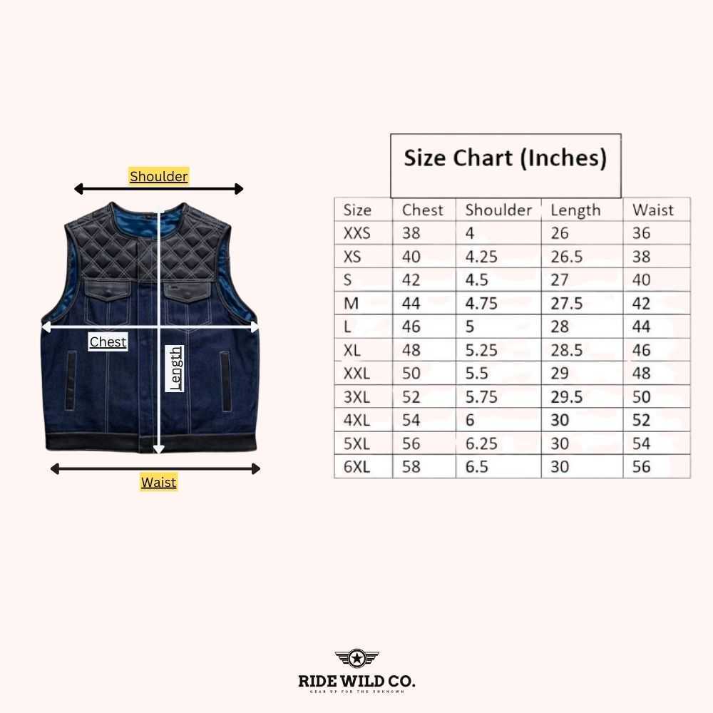 Maverick Hunt Club Men's Denim Biker Vest - size chart