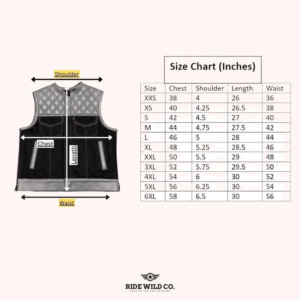 Weave Grey Men's Motorcycle Canvas Vest - size chart