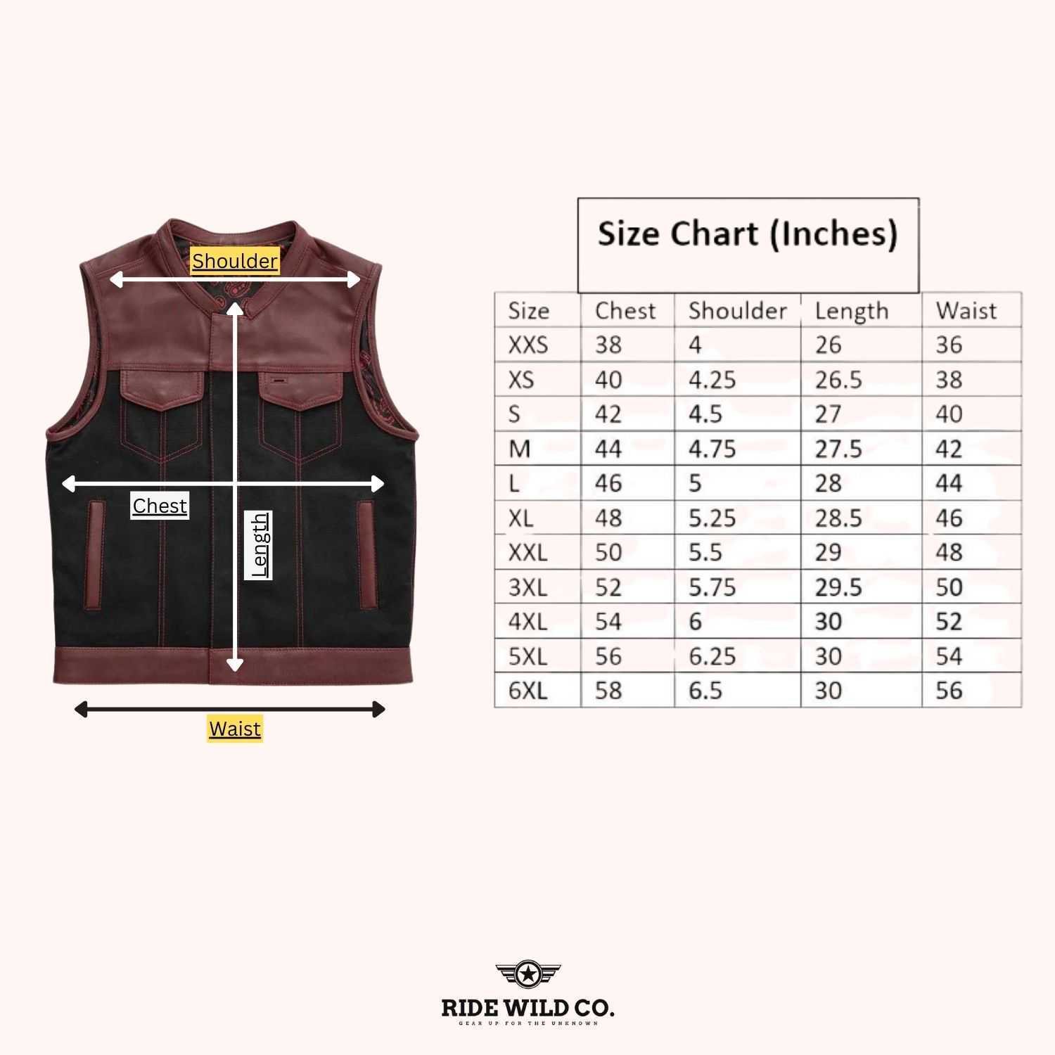 OX Blood Men's Leather & Canvas Club Biker Vest - size chart