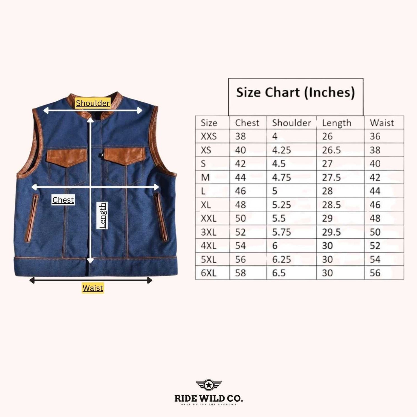 Maverick Sapphire Men's Canvas Motorcycle Vest - size chart