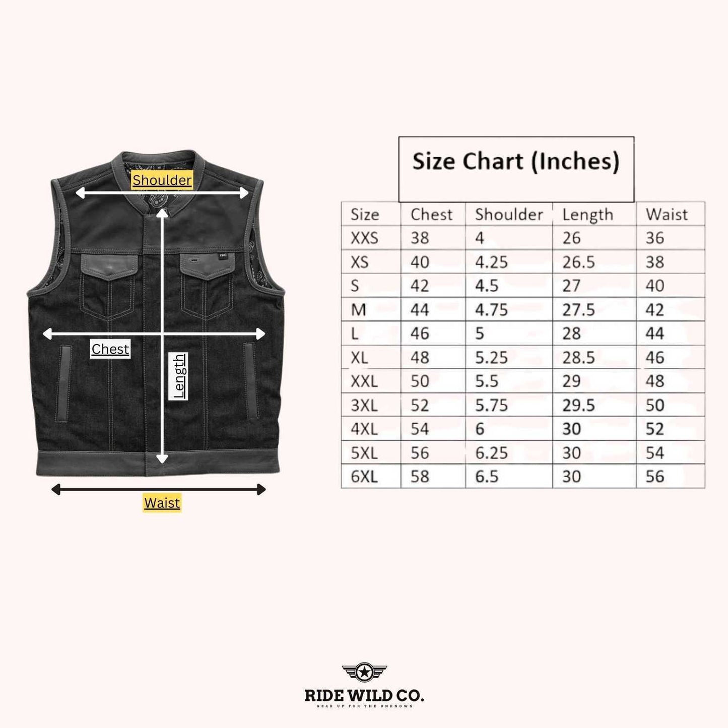 Men's Guardian Denim & Canvas Motorcycle Vest - size chart