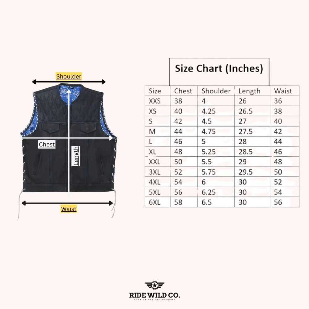  Whaler Blue Men's Leather Club Vest - size chart