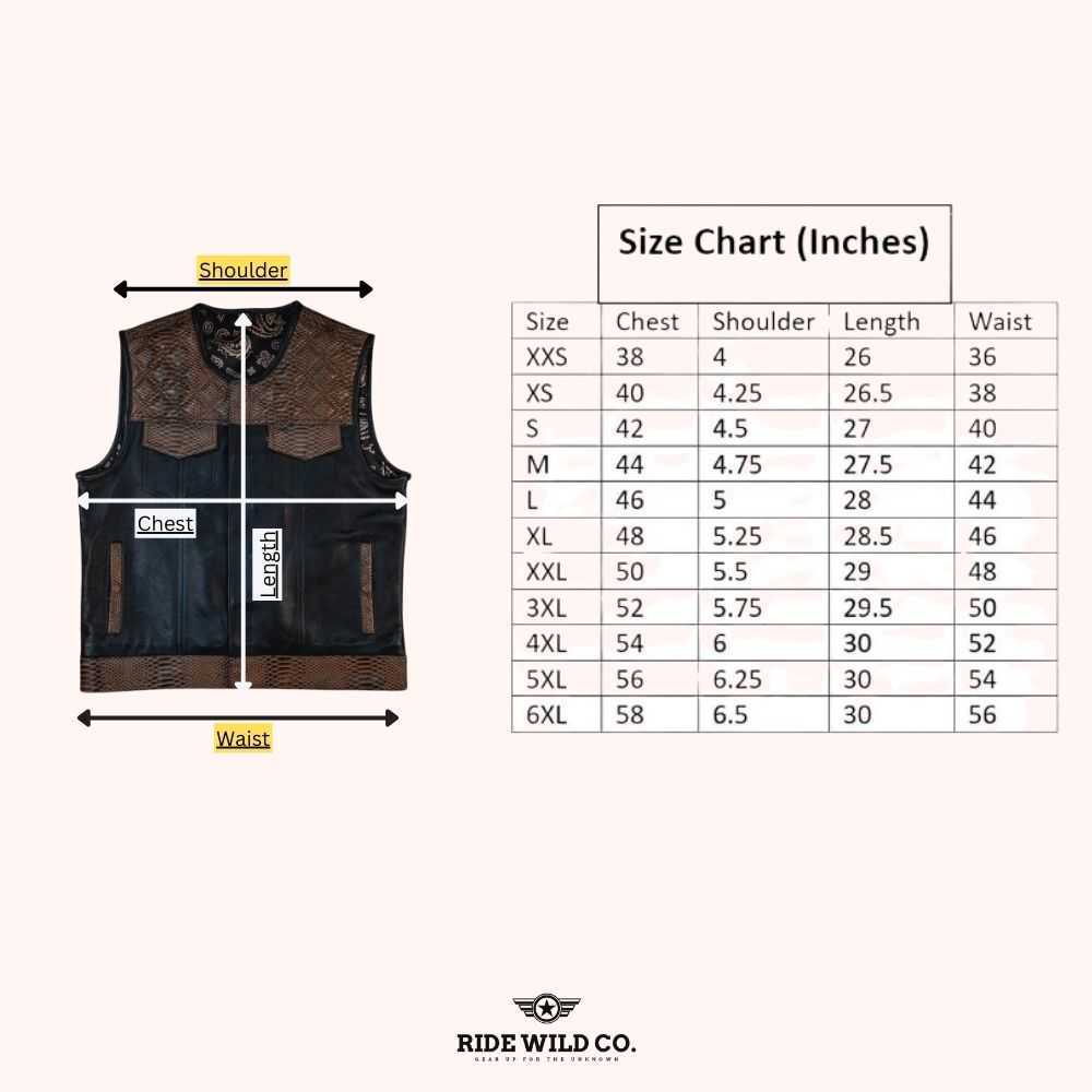 Aviator Brown Distressed Men Canvas Biker Vest - size chart