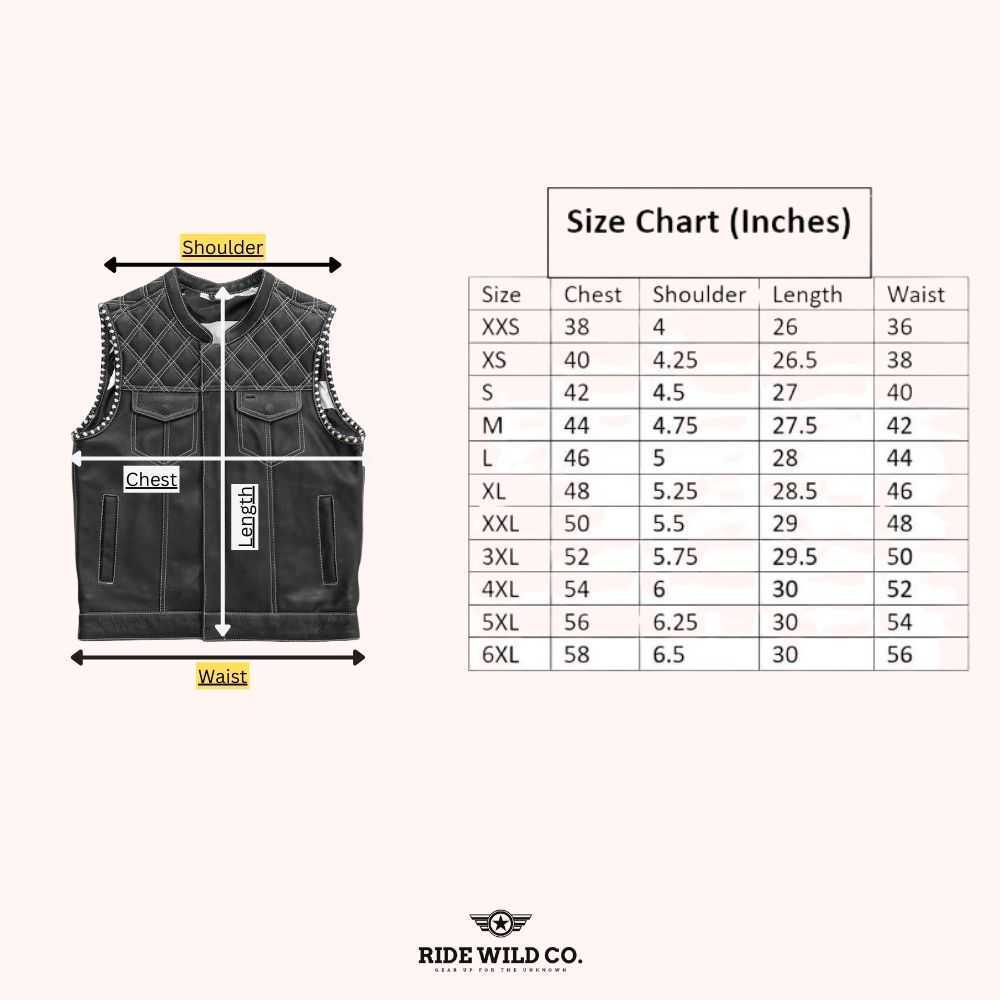 Nomad Club Style Twill Men's Motorcycle Vest - size chart