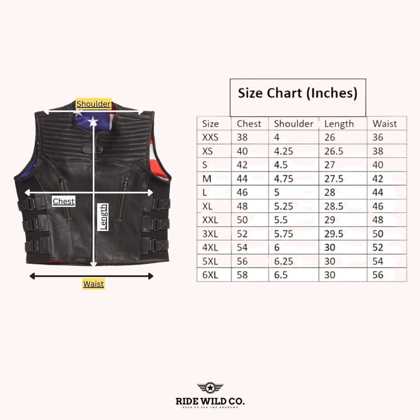 Trailblazer Men's Black Leather Motorcycle Vest - size chart