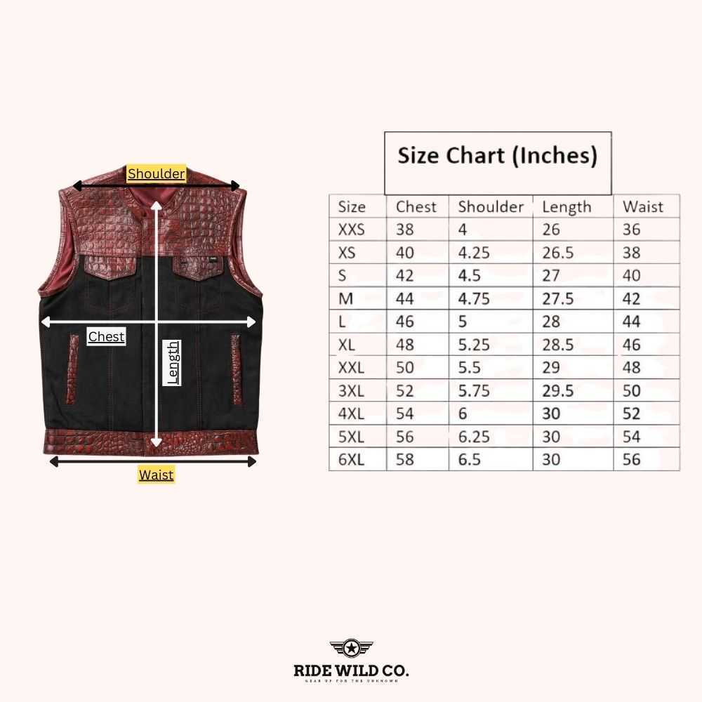 Iron Horizon Men Denim Biker Vest - size chart