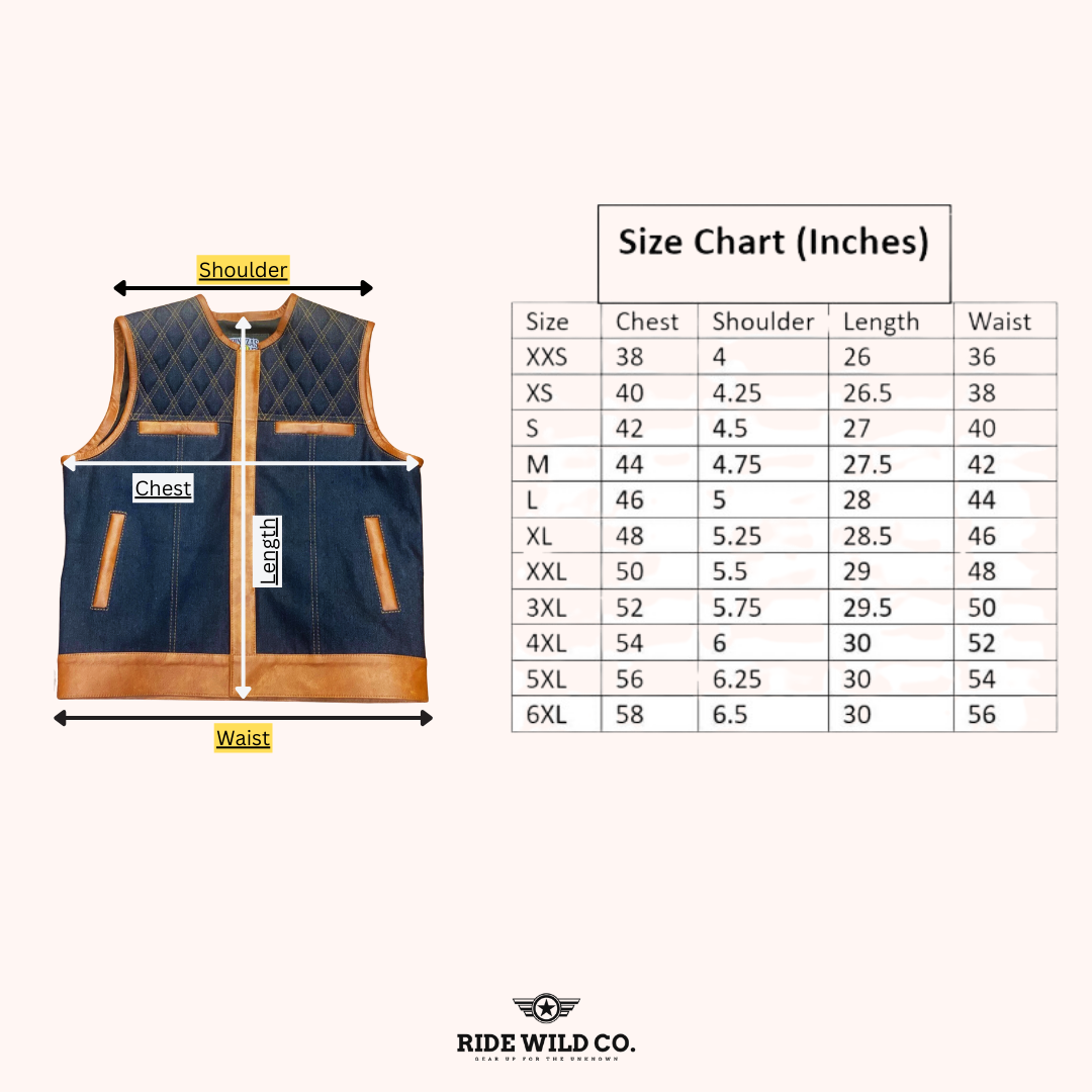 Pathfinder Men's Diamond Quilted Brown denim Motorcycle Vest - size chart